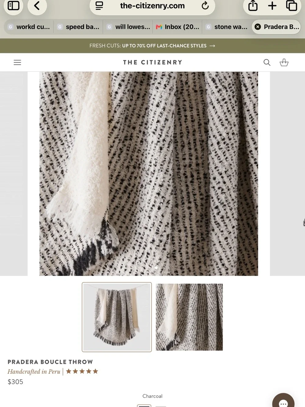 The Citizenry Charcoal Textured Woven Throw, handwoven in Peru, 89% Alpaca